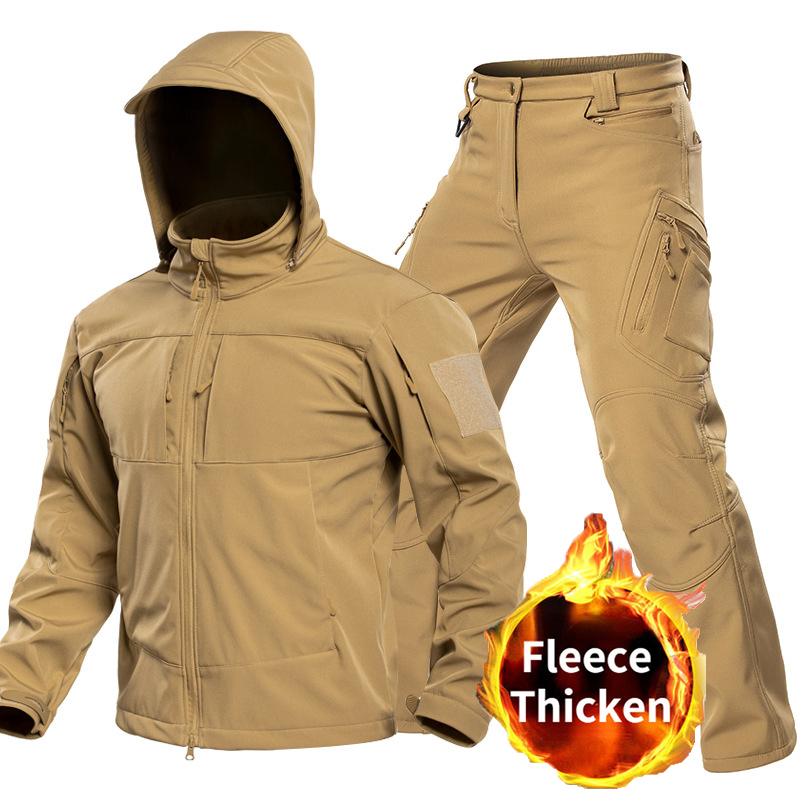 Windproof Jacket Softshell - ชุดเสื้อผ้าซอฟต์เชลล์สำหรับผู้ชายแบบยุทธวิธีกลางแจ้ง พร้อมฮู้ด แจ็คเก็ตซิปเต็มตัว กางเกงคาร์โก้ กันลม ชุดหลายกระเป๋าสำหรับการล่าสัตว์