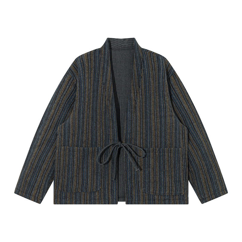 Traditional Winter Japanese Clothing - เสื้อคลุมกิโมโนลายทางสไตล์ญี่ปุ่น เสื้อโค้ทฤดูใบไม้ร่วงฤดูหนาว สตรีทแวร์ ฮาโอริ เสื้อโอเวอร์ไซส์