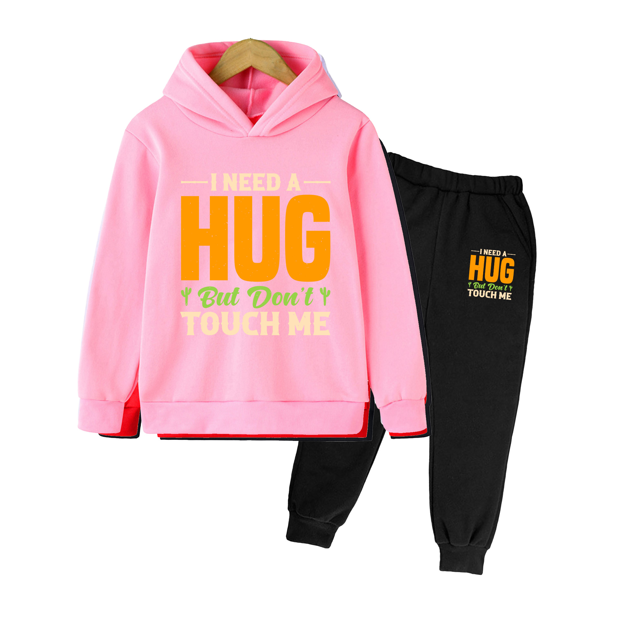 Winter Clothing Needs - ชุดเสื้อฮู้ดและกางเกงสำหรับเด็ก ลายพิมพ์ต้นกระบองทุกษ์ข้อความ 
