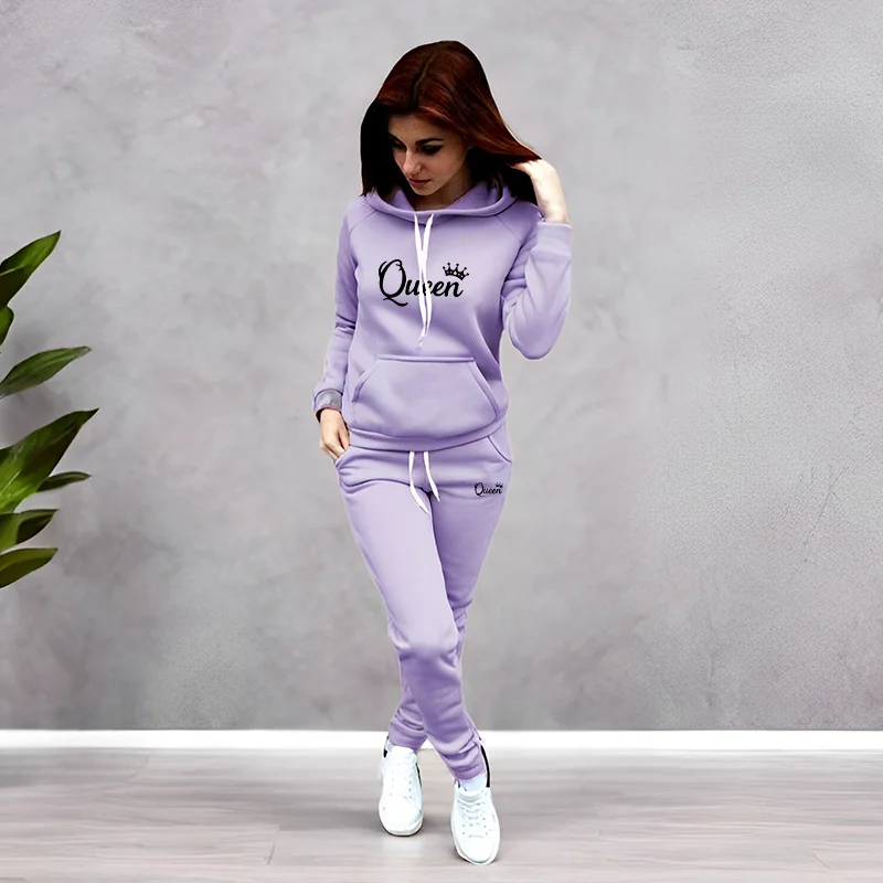 Winter Clothing - ชุดวอร์มผู้หญิง พิมพ์ลายตัวอักษร Queen เสื้อฮู้ดคุณภาพสูง ชุดออกกำลังกาย แฟชั่นลำลอง