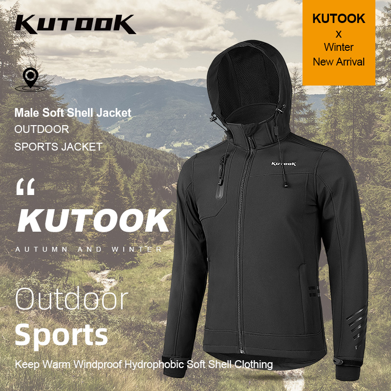 Windproof Jacket Softshell - KUTOOK เสื้อแจ็คเก็ตผ้าขนแกะสำหรับผู้ชาย, เสื้อกันลมมีฮู้ดเสื้อแจ็คเก็ตกลางแจ้งสะท้อนแสงสำหรับผู้ชายปีนเขาเดินป่า