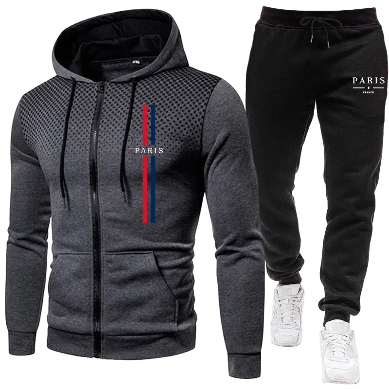 Winter Clothing Pants - ชุดกีฬาผู้ชาย เสื้อแจ็คเก็ตมีซิป+กางเกง ชุดสองชิ้น ฤดูใบไม้ร่วง ฤดูหนาว ชุดลำลอง