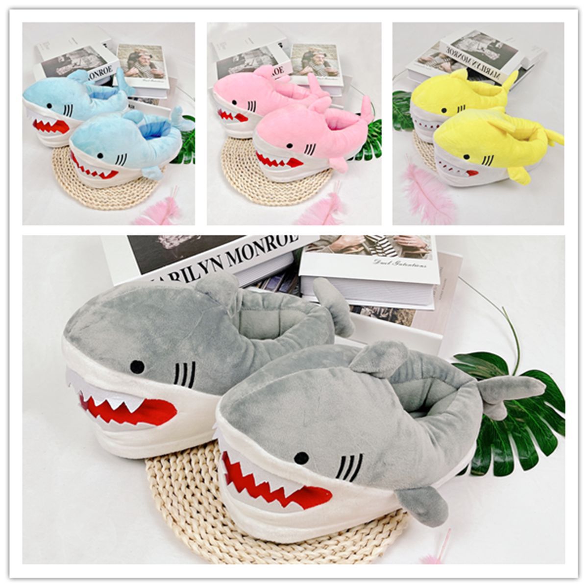Winter Cloth - รองเท้าแตะรูปฉลามน่ารัก นุ่มฟูสำหรับฤดูหนาว รองเท้าใส่ในบ้านสำหรับผู้ชายและผู้หญิง รองเท้าแตะในห้องนอนที่อบอุ่น นุ่มสบาย รองเท้าสัตว์ขนปุยสำหรับใส่ในบ้าน
