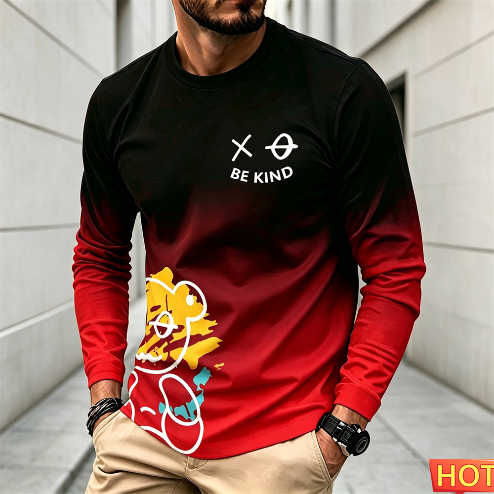 Winter Clothing - เสื้อยืดแขนยาวลำลองสำหรับผู้ชาย ลายการ์ตูน คอกลม เสื้อยืดผ้าฝ้าย ใส่สบาย สไตล์