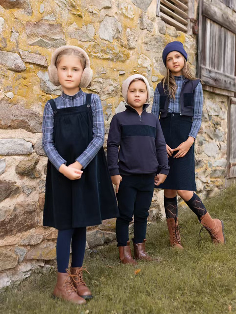 Winter Clothing For Kids - AP 2025 AW Corduroyคอลเลกชันน้ําเงินเด็กหญิงเด็กชายชุดจัมเปอร์กระโปรงครอบครัวจับคู่เสื้อผ้าสบายๆลายสก๊อตเสื้อผ้า