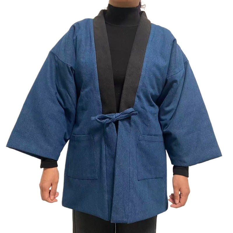 Traditional Winter Japanese Clothing - เสื้อแจ็คเก็ตยีนส์ผู้ชายผู้หญิง สไตล์ญี่ปุ่น แบบกิโมโน คาร์ดิแกน สีน้ำเงินคราม ทรงหลวม