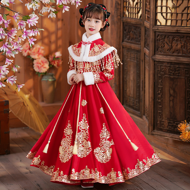 Winter Clothing For Kids - หญิงสีแดงจีนใหม่ปีเสื้อผ้าเด็กฤดูหนาว Tang ชุด Cheongsam ดอกไม้สาวชุดโบราณเจ้าหญิง Hanfu