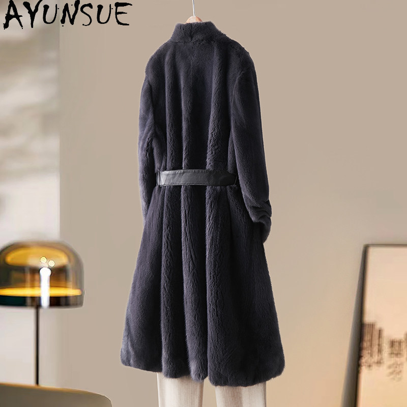 Winter Clothing Label - AYUSNUE เสื้อโค้ทขนมิงค์แท้สำหรับผู้หญิง เสื้อผ้าฤดูหนาว แจ็คเก็ตความยาวปานกลาง ให้ความอบอุ่น พร้อมเข็มขัด