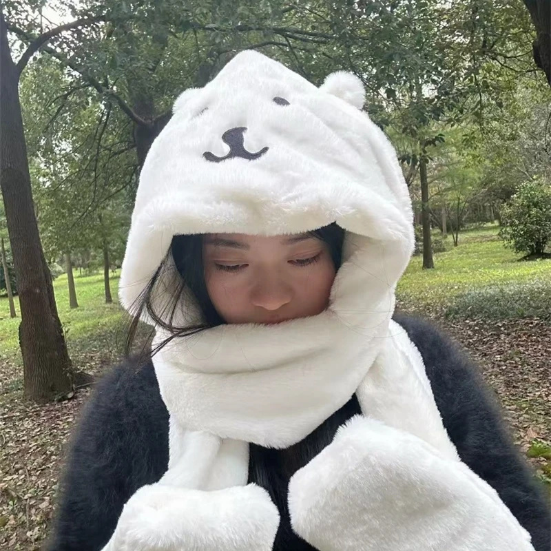 Winter Clothing For Kids - หมวกคลุมศีรษะแบบหนานุ่ม 3 in 1 ลายการ์ตูนหมีน่ารัก ผ้าฟลีซ