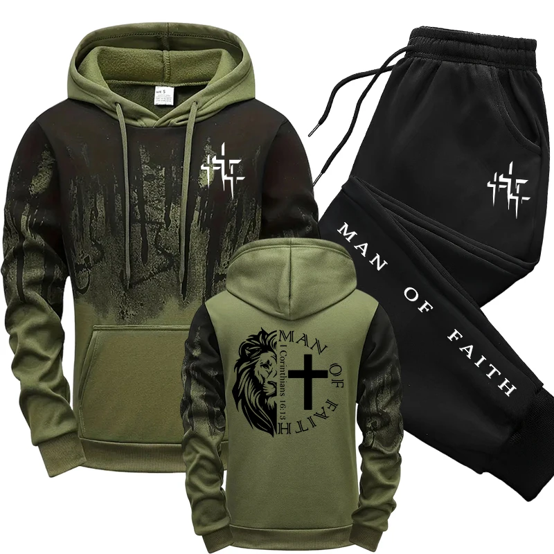Winter Cloth - ชุดเซ็ตผู้ชายลาย Man of Faith เสื้อฮู้ดและกางเกงวอร์มสีดำ สำหรับฤดูใบไม้ร่วงและฤดูหนาว