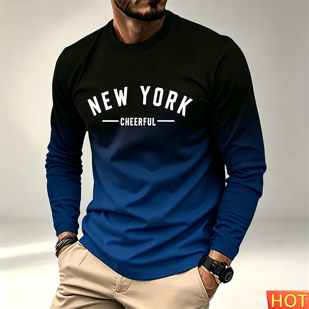Winter Clothing New York - เสื้อยืดแขนยาวผู้ชายสำหรับฤดูใบไม้ร่วงและฤดูหนาว ผ้าฝ้าย ใส่สบาย คอกลม เสื้อยืดลายไล่เฉดสี เสื้อยืดผู้ชายสไตล์นิวยอร์ก